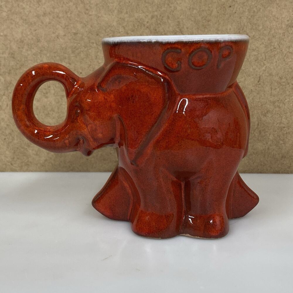 Vintage 1976 Frankoma Red Orange GOP Ceramic Elephant Mug Cup